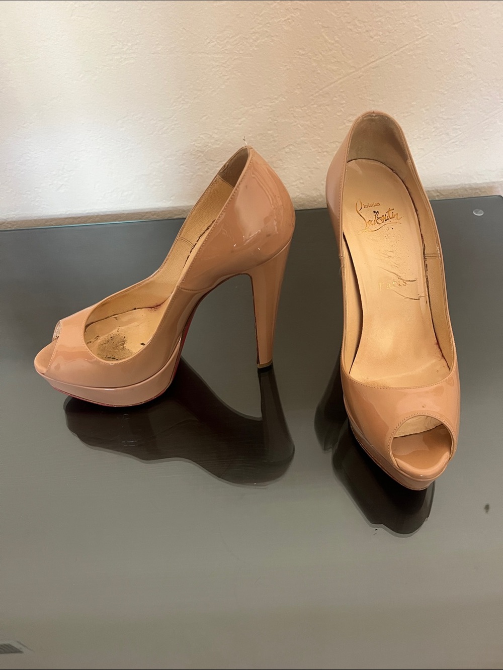 Christian Louboutin Nude Patent Peep-Toe Platform Pumps